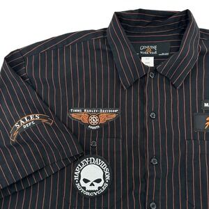 Harley Davidson Mens XL Tall Shirt Black/Orange‎ Pinstripe Great Patches